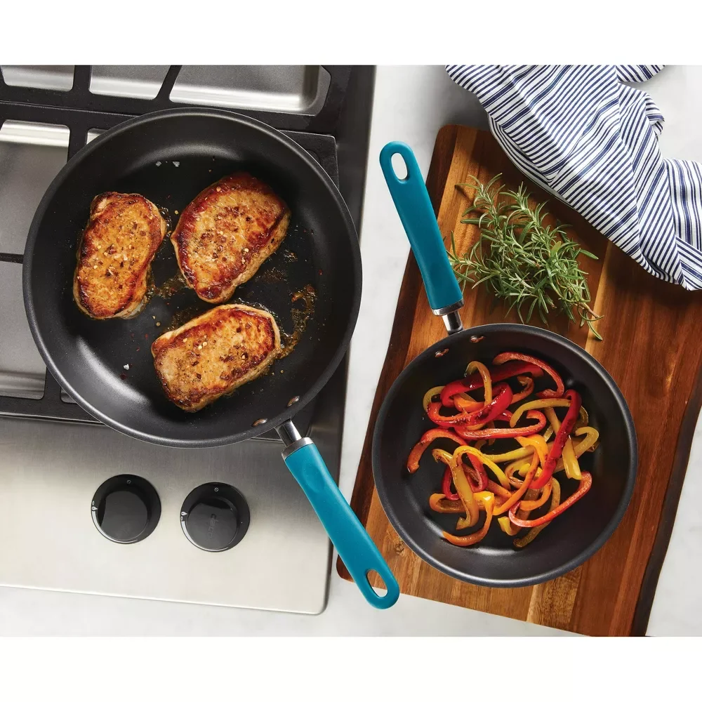 2pc Hard Anodized Aluminum Frying Pan Set Teal Handles