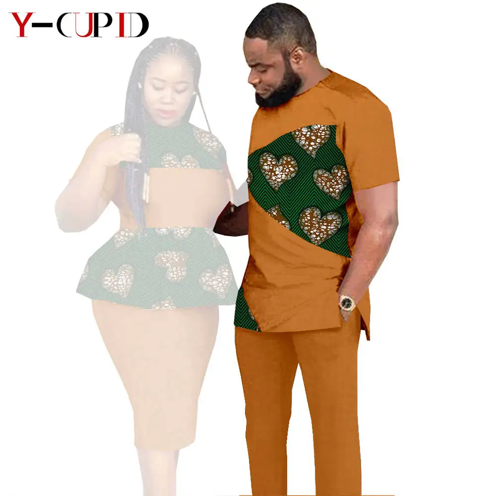 African Clothes for Couples Dashiki Women Patchwork Print Dresses Matching Men Outfit Top and Pants Sets Love Party Wear S20C010