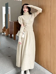 France Fall Winter Solid Knitting 2 Piece Set Women Turtleneck Chic Separation Sleeve Sweater Top+Elastic Waist Long Skirt Suit