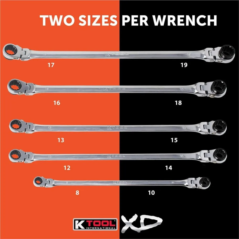 XDDBM10 5 Piece Reversible Double Box Ratcheting Wrench Set for Garages, Repair Shops, and DIY, Black