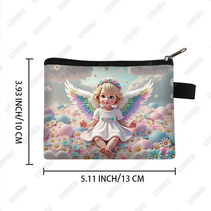 Kawaii pequeno anjo oração padrão saco de moedas bebê anjo com asas feminino cartão chave fone de ouvido titular carteira saco de dinheiro bolsa com zíper