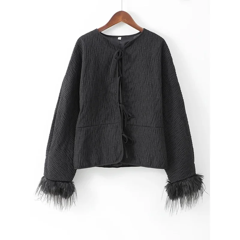 Chic Solid Spliced Feather Cuffs Lace Up Cotton Coat Women Fashion O Neck Long Sleeves Quilted Jacket 2024 Lady Loose Streetwear