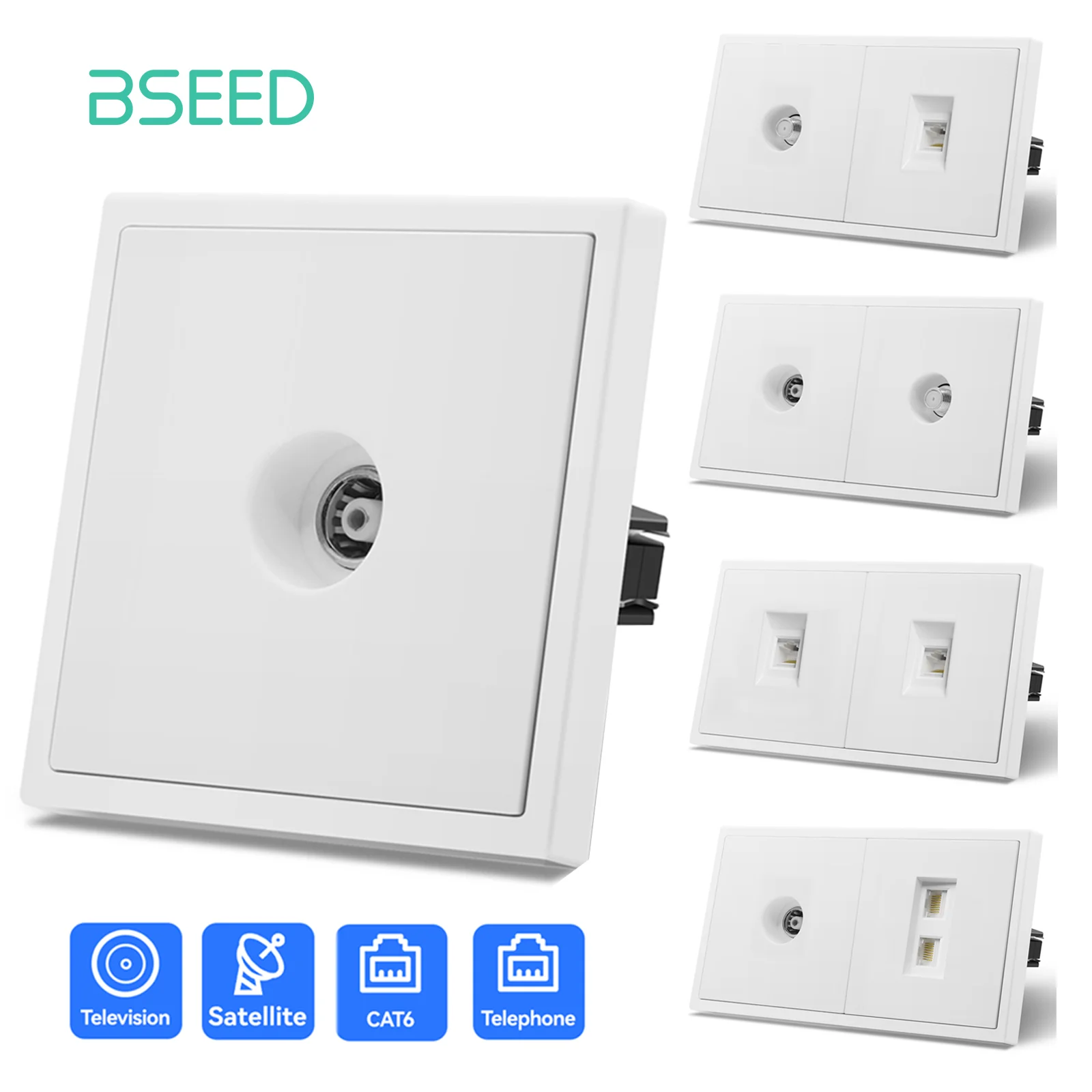 BSEED TV/ST/TL/CAT6 Mechanical Wall Sockets RJ45 Internet Computer Satellite Telephone Sockets EU Standard Plastic Panel White