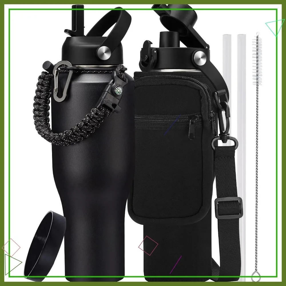 

Изолированная бутылка для воды на 40 унций с соломинкой, подходит для автомобильного подстаканника, герметичная колба из нержавеющей стали, сохраняет холод, 48 часов, горячий, 24 часа