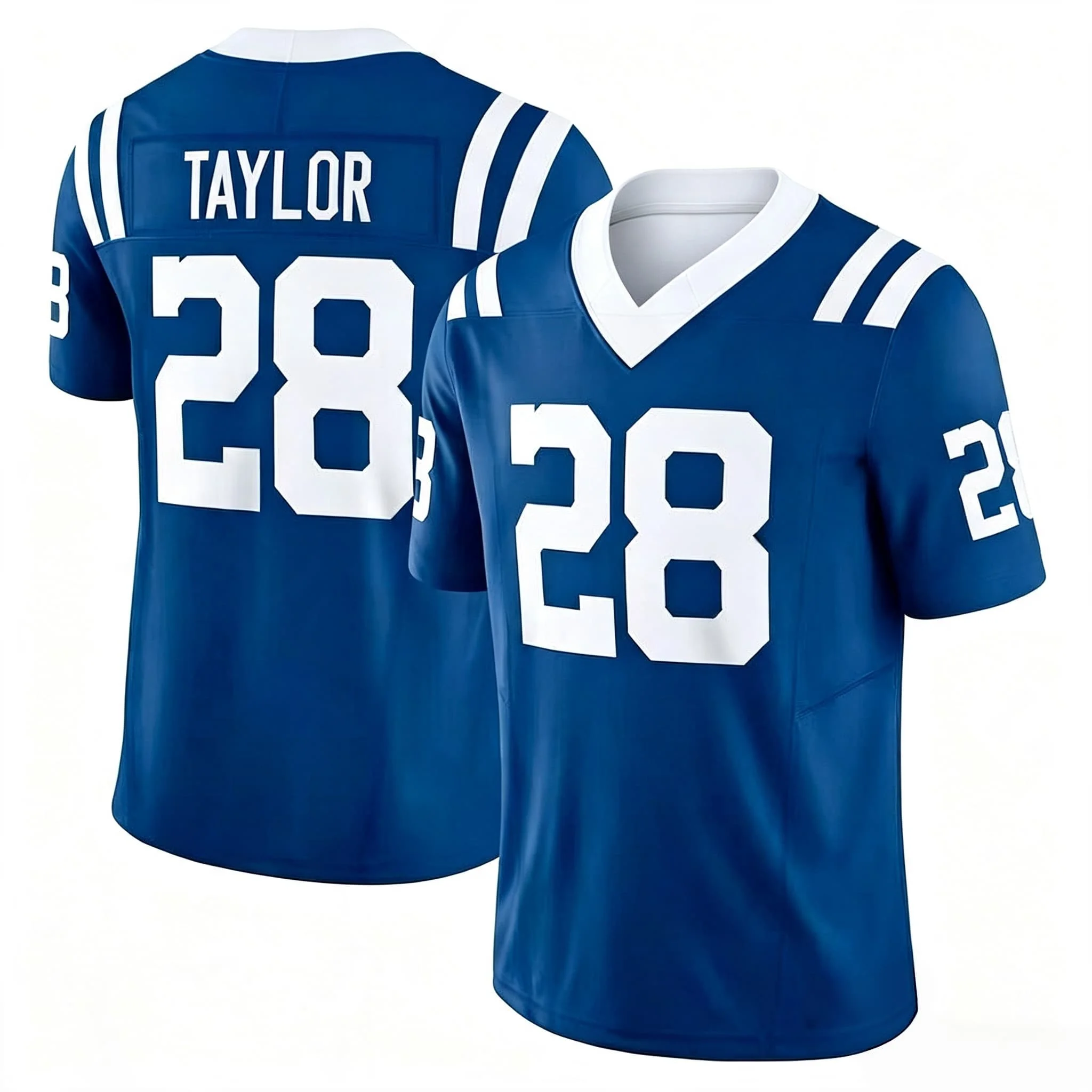 Herren # 28 Taylor American-Football-Trikot V-Ausschnitt Kurzarm Sport-Oberteil mit Name und Nummer Fan-Uniform Blau Weiß Familien-Set – Detail 4