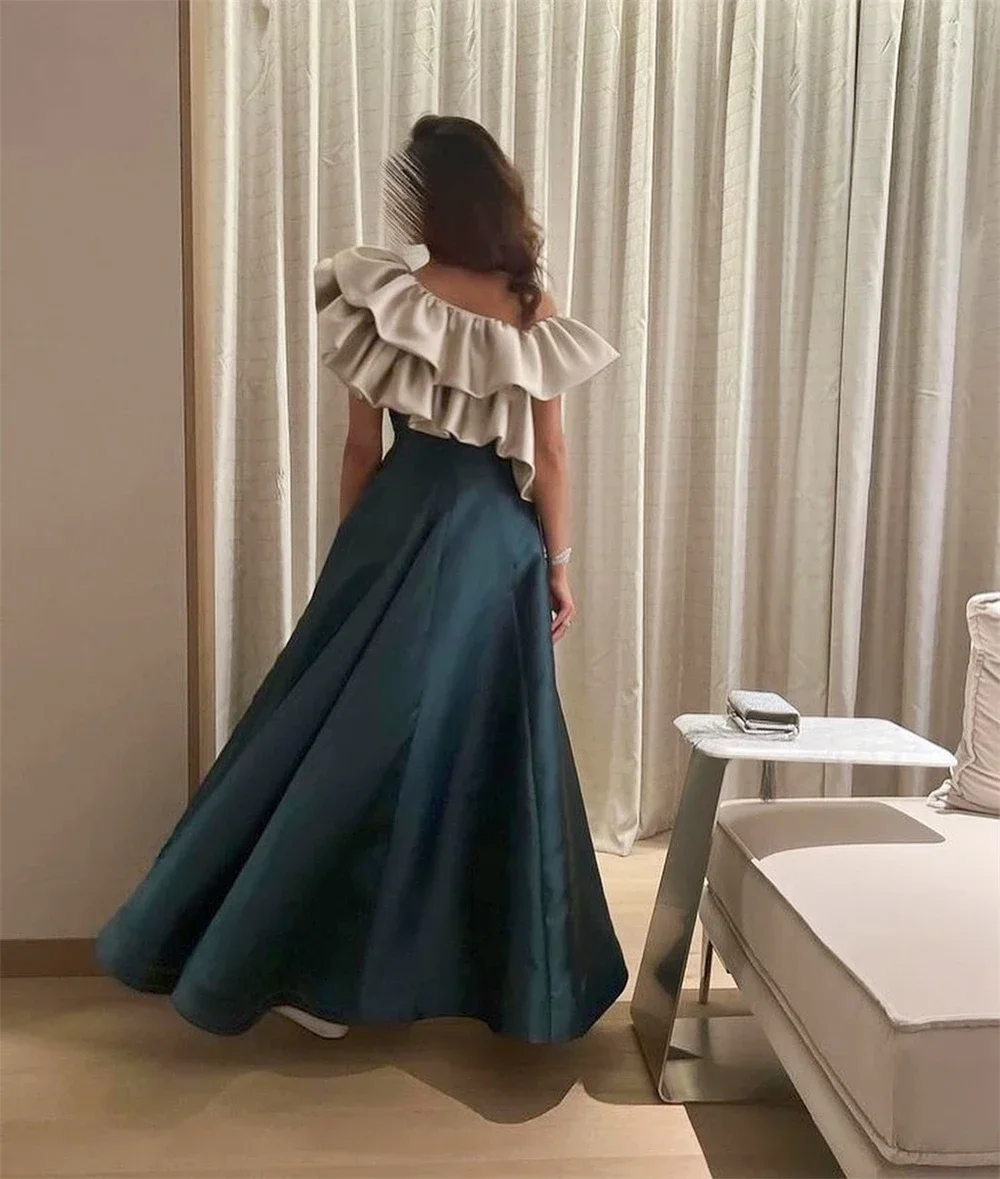 Customized Prom Dresses Fashion Asymmetrical One-Shoulder A-line Party Dress Ankle Length Off the Shoulder Taffeta Formal Evenin