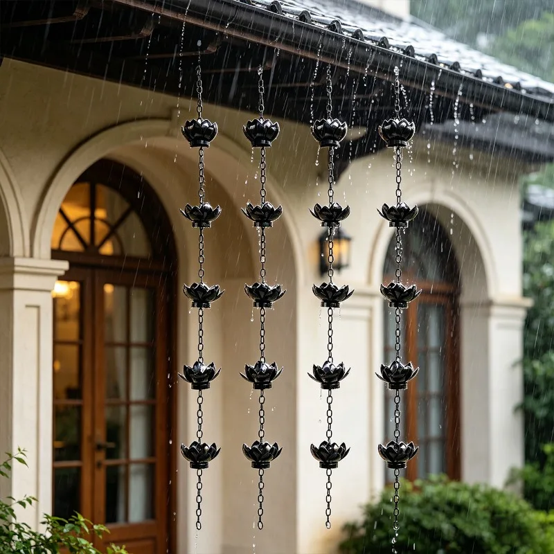 Outdoor Iron Lotus Rain Chain Garden Eaves Decorative Hanging Chain Suspended Drainage Chain Patio Decoration