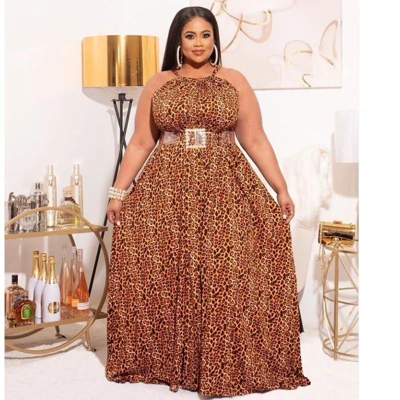 KEXU Leopard Print Plus Size Women Halter Backless Big Swing Floor Length Maxi Dress 2024 Summer Beach Boho Holiday Dresses