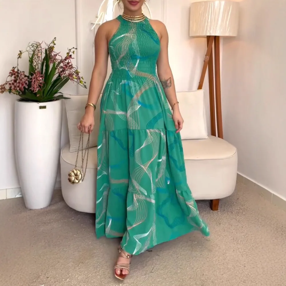 Mulheres verão solto longo abstrato linha impressão halter sem mangas plissado hem vestido casual shirred cintura cinched maxi vestido
