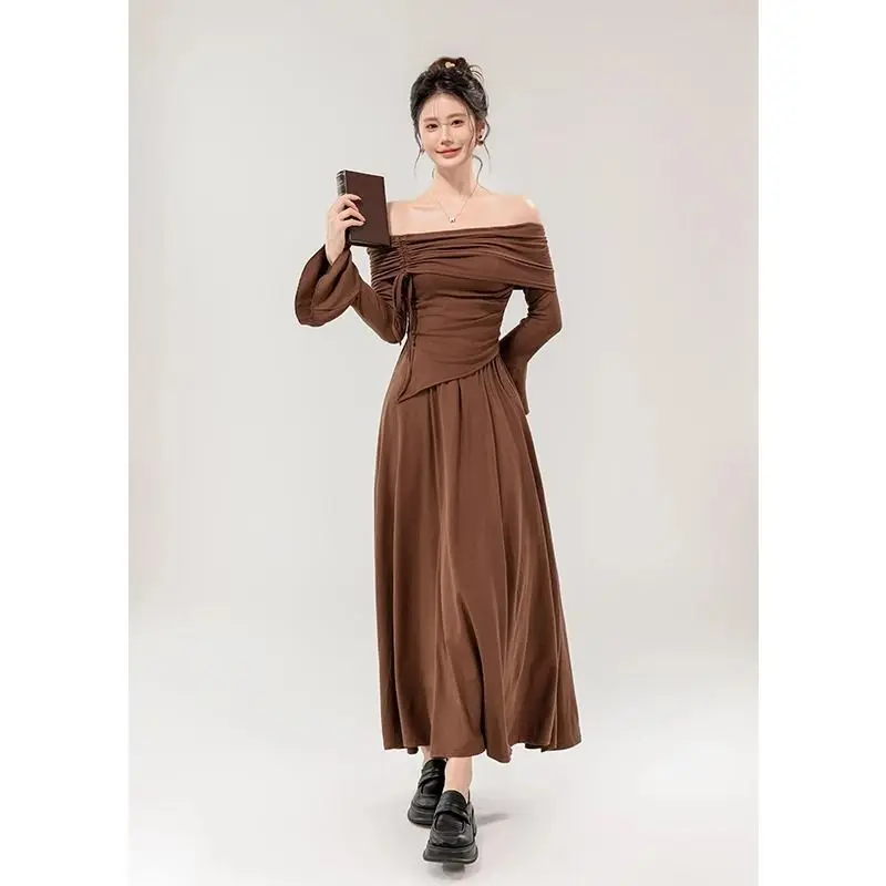 Lazy Style 2 Piece Sets Women Slash Neck Drawstring Long Sleeve Tops + High Waist Skirt 2025 Spring Autumn New Trendy Suit image 5