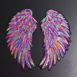 Sequined Rainbow Feather Wings, Dreamy Sew Iron On Patches, Embroidered Badges for Clothes, DIY Appliques Craft Decoration, 2Pcs