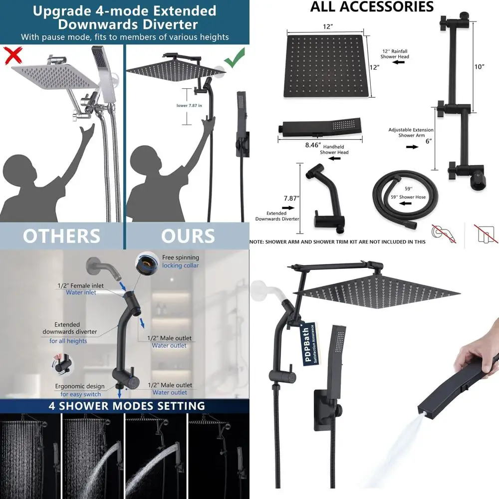 

Душевая система 12 Rainfall с 3-позиционным переключателем и функцией паузы, выдвижной душевой шланг 16 дюймов, шланг 59 дюймов, матовый черный