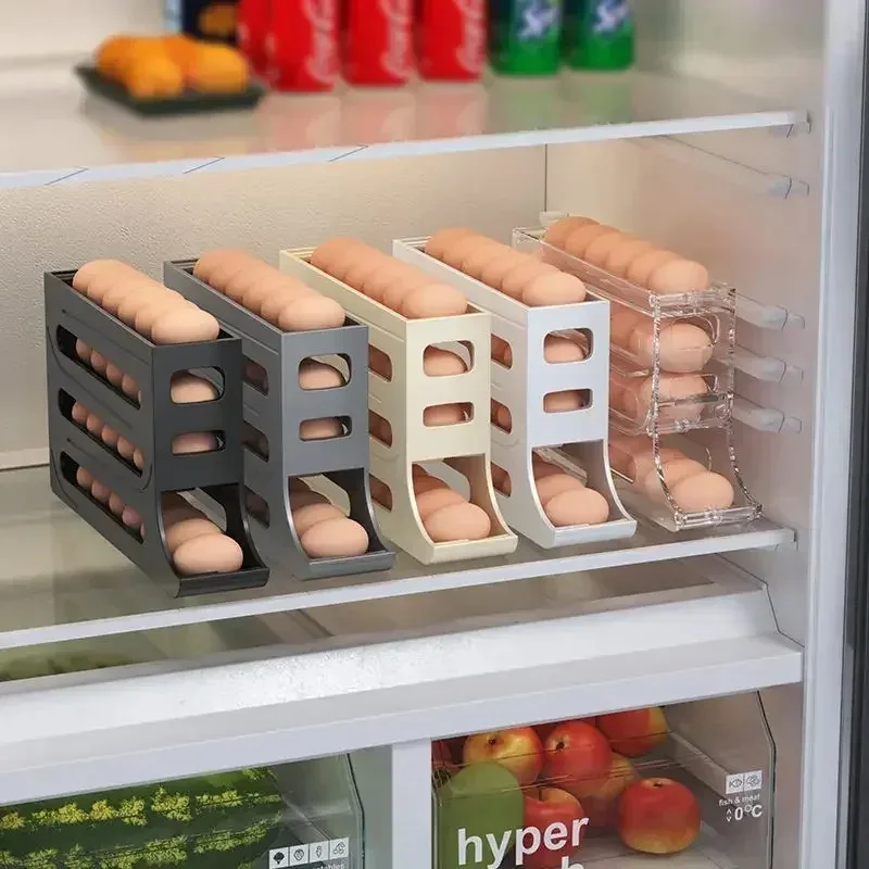 Refrigerator Egg Storage Box 4 Layers Automatic Rolling Egg Holder Kitchen Refrigerator Egg Dispenser Fridge Organizer