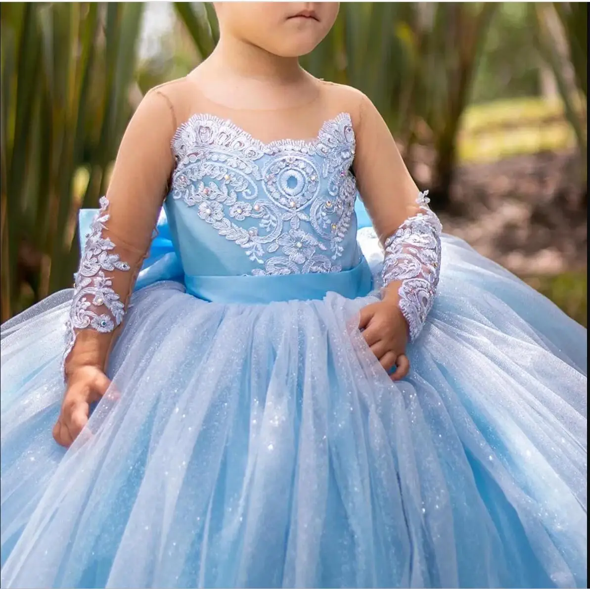 Vestidos de flores de manga larga para bodas, vestido de baile con lazo de satén para niños pequeños, vestido de desfile brillante, vestidos de fiesta de primera comunión