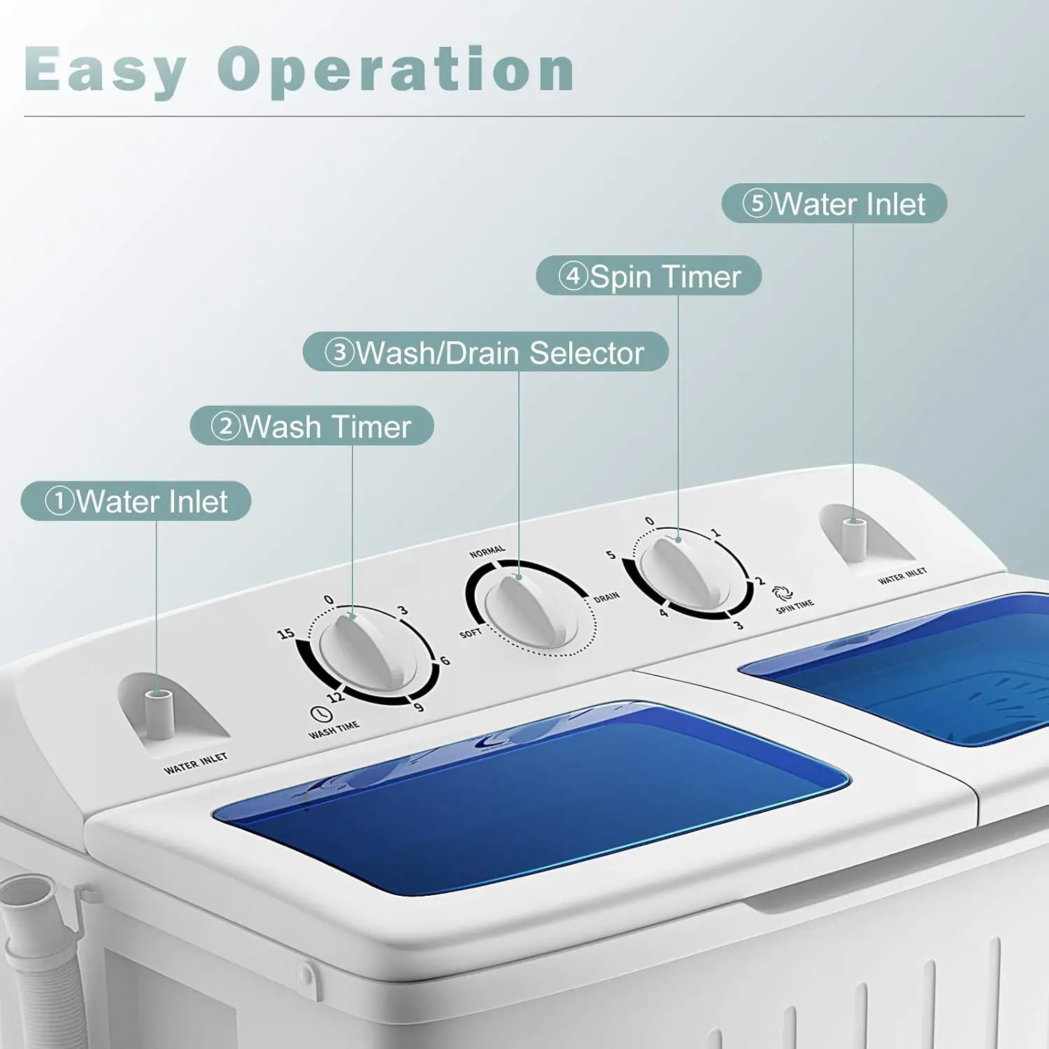 Lavadora de roupa portátil Twin Tub Washer, Lavadora de roupa compacta, 20 Lbs Capacidade, 12 Lbs e Spinner, 8 Lbs, Controle de temporizador durável