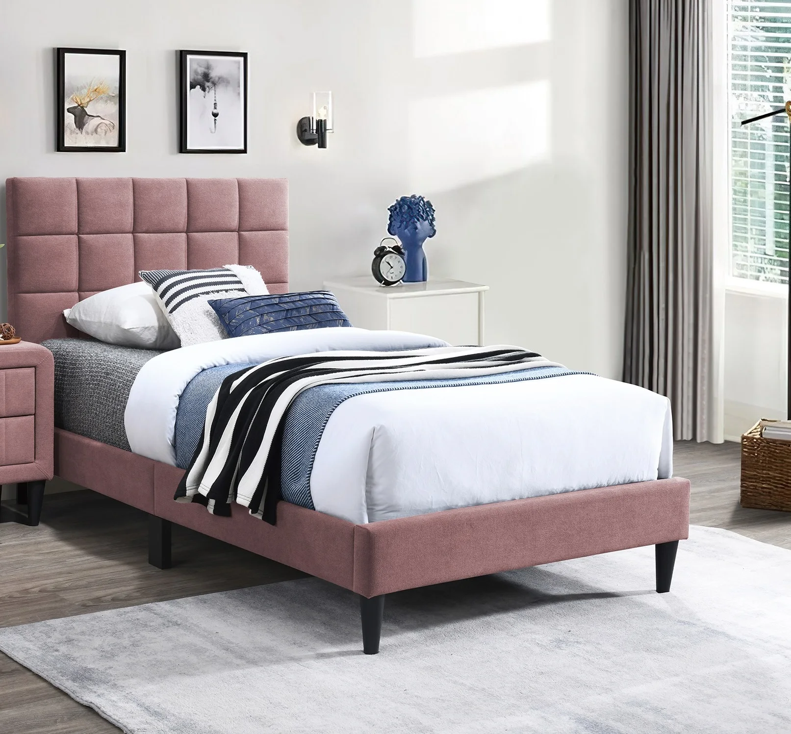 Pink Finish Luxurious Twin Size Bed 1pc Biscuit Tufted Adjustable Headboard Middle Legs Support Bedroom Furniture
