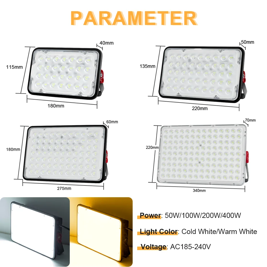 400W 200W 100W 50W 220V LED riflettore luce di inondazione IP66 faretto impermeabile per illuminazione da giardino per esterni proiettori lampada da