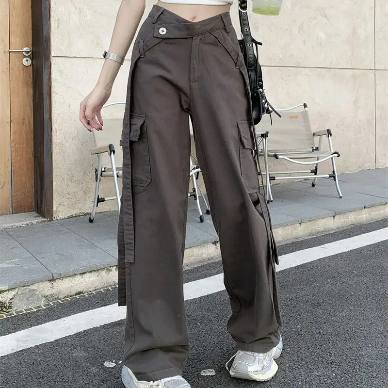 New high-waist straight overalls retro design hot girl gray wide-leg jeans