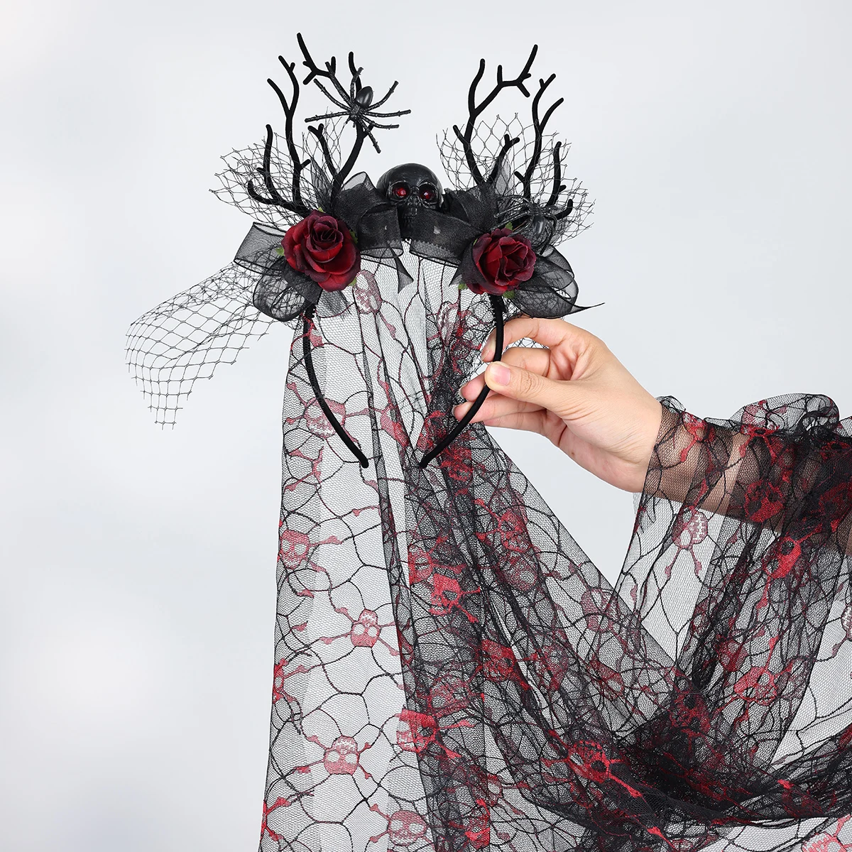 Damen Gothic Geweih-Schädel-Schleier-Stirnband, Schwarzes Spitzen-Rosen-Blumen-Kopfband für Halloween, Vampir-Cosplay, Dunkle Party-Kostüm-Accessoire – Detail 15