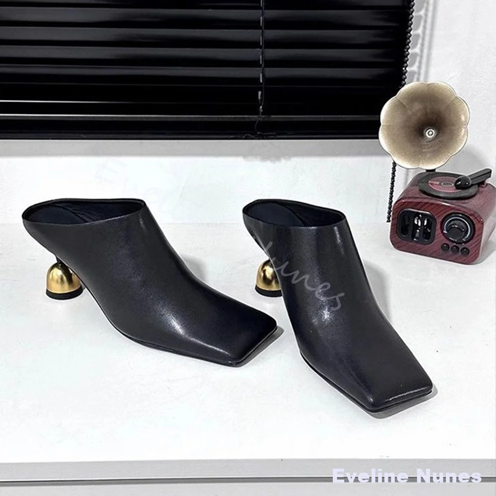 Wine Glass Heel Square Toe Slippers Women Black Leather Slip On Outdoor Slippers 2026 New Style Soft Leather High-Heeled Mules