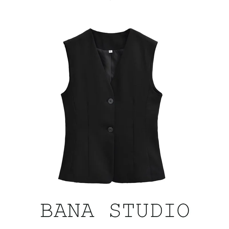 

Черный приталенный жилетный костюм BANA, осенний женский модный костюм с V-образным вырезом и пуговицами из смеси хлопка, на шелковой хлопковой подкладке, для поездок на работу