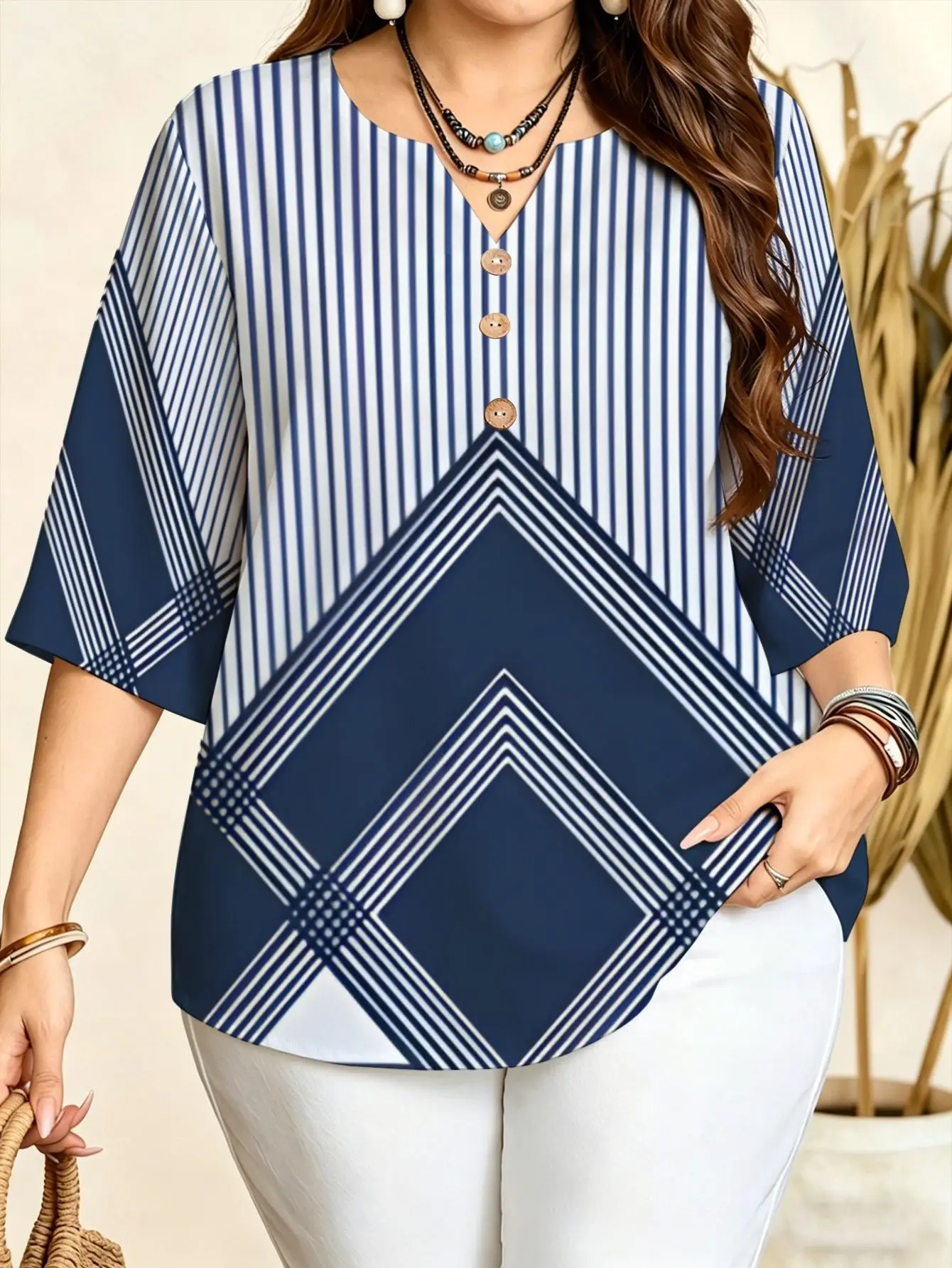 Abstract Geometric Floral Lotus Print Blouses Notch V Neck Three Quarter Sleeve Soft Loose Plus Size Women Daily Office Shirts