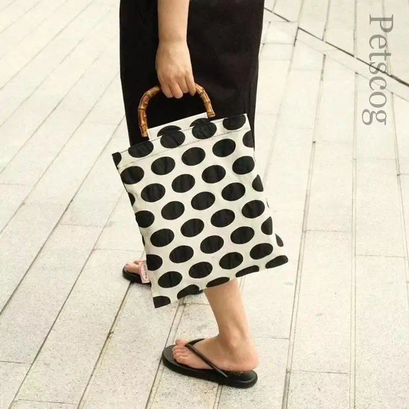 Vintage Chic Women's Tote Bamboo Handle Black Dot Print Large Capacity Handbags Summer Fashion Female Big Clutch Purse