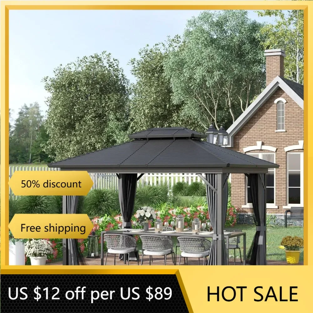 

10' x 12' Hardtop Gazebo with Curtains and Netting, Permanent Pavilion Metal Double Roof Gazebo Canopy ,Outdoor Gardens