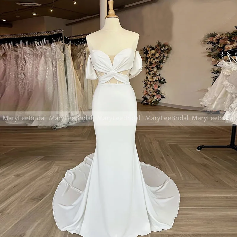 Illusion Bodice Bridal Gown with Exposed Boing Off the Shoulder Crisscross Pleats Crepe Mermaid Ivory Wedding Dress for Women