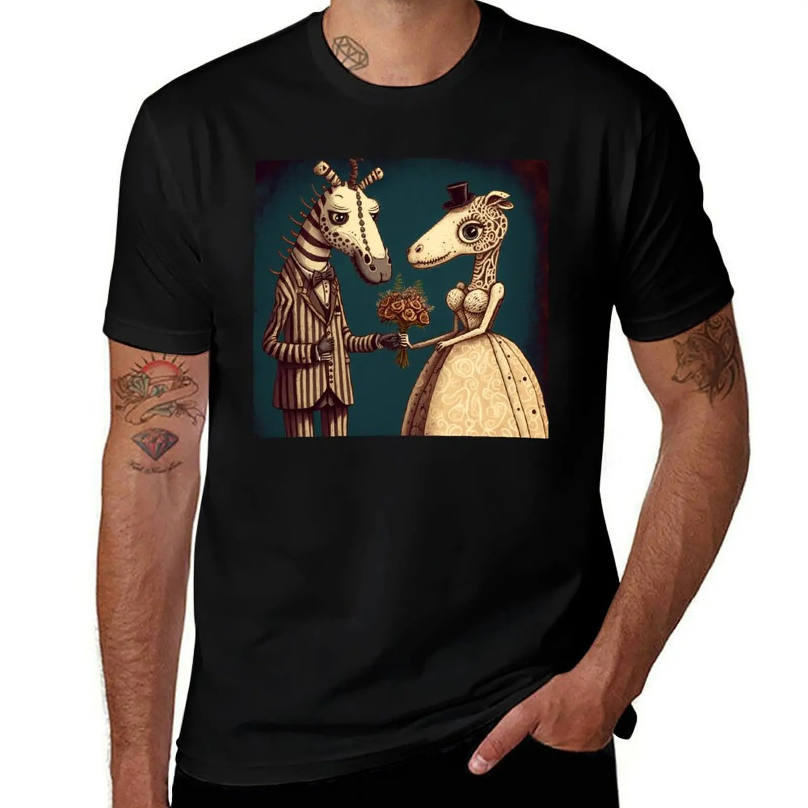 An old vintage giraffe wedding with a rose bouquet. T-Shirt t shirts with prints T-Shirt