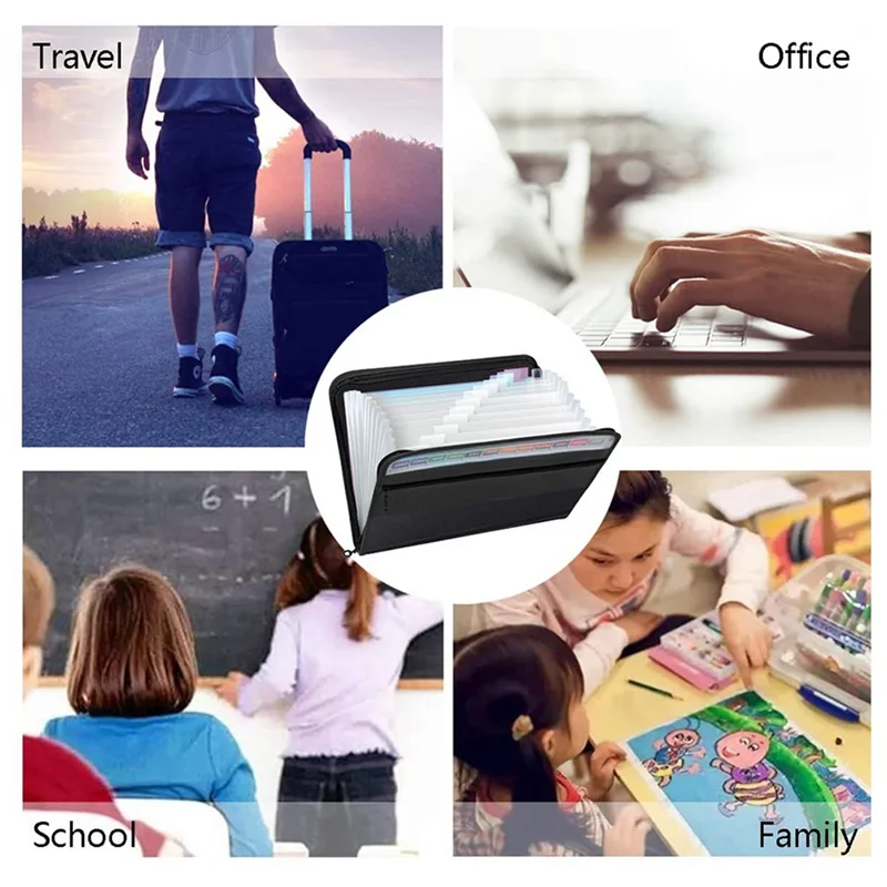 2X 13 Pockets Expanding File Folder A4 Plastic Document Wallet Organizer For Personal Office Stationary Storage(Black)