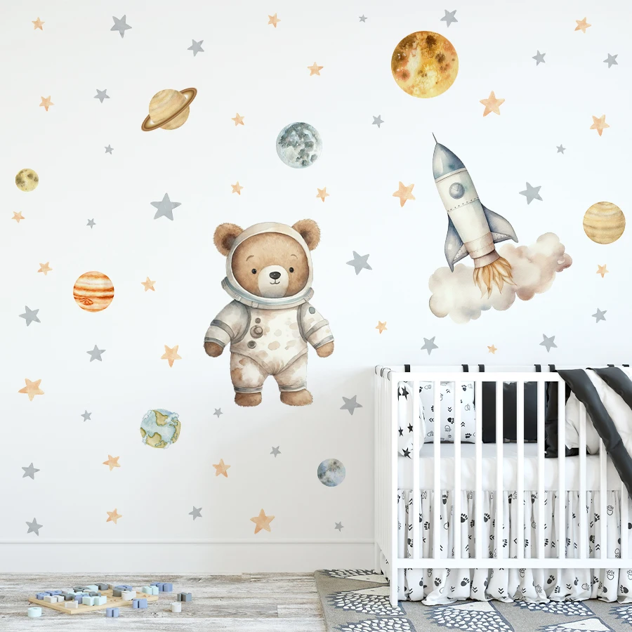 1pcs Removable PVC Wall Stickers for Kids Room Decoration Bedroom Cartoon Space Astronaut Bear Wall Decals Children Home Decor
