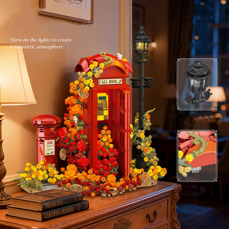 

Idea Building Block England London Telephone Booth Flower Mailbox Construction Bricks City Street View Toys With Light For Gifts