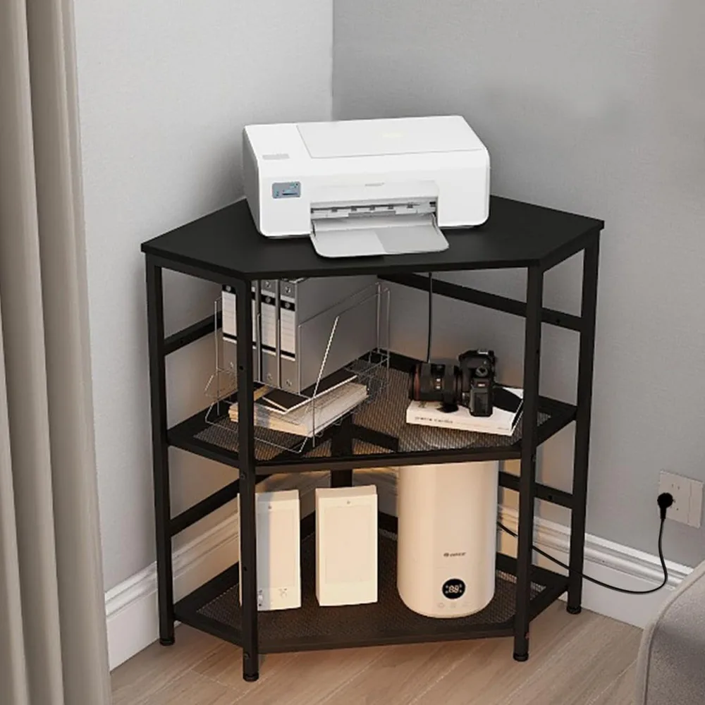 

Corner Printer Stand Table with Power Outlet Charging Plugs USB Port Adjustable Storage Shelf Computer Tower CPU Stand