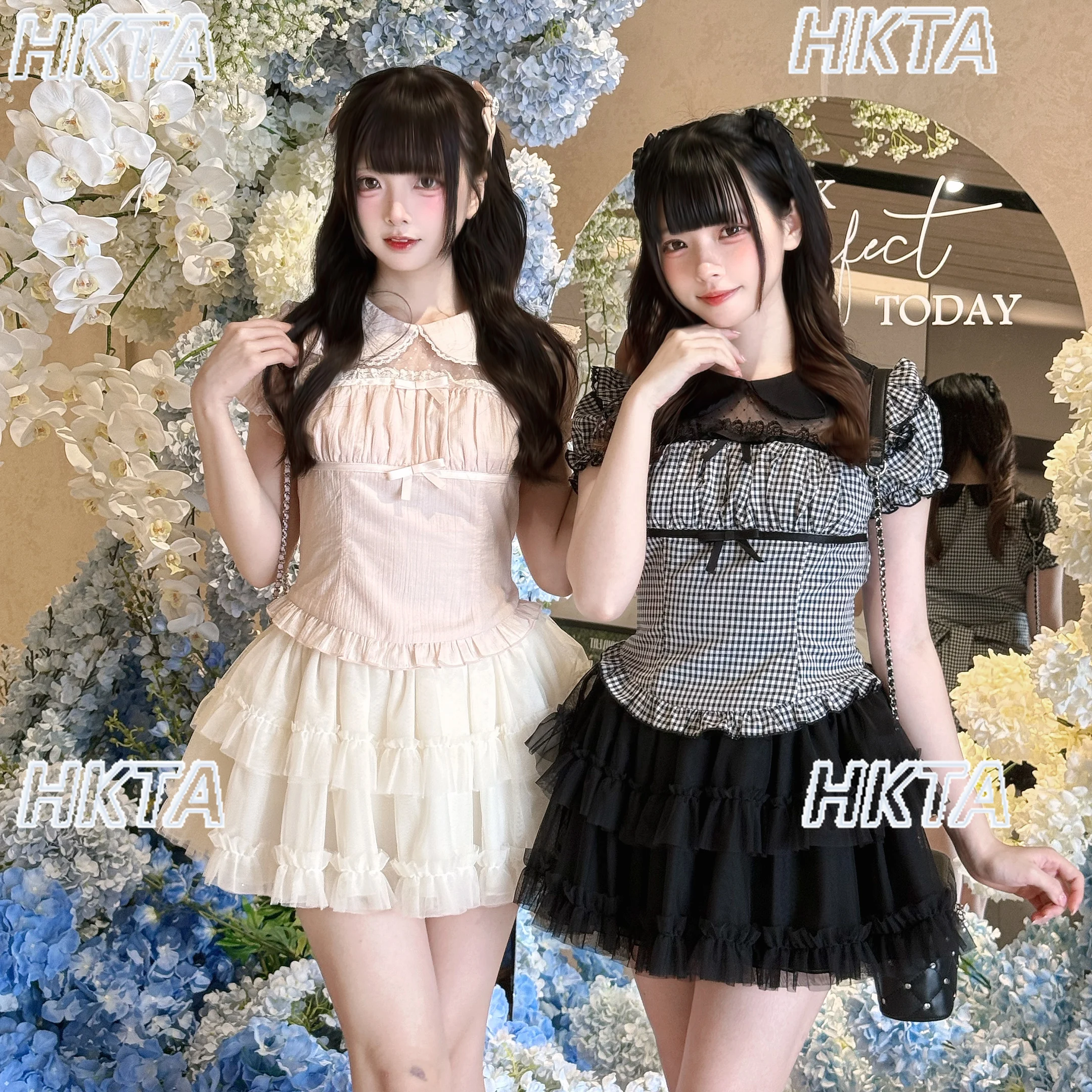 Japonês doce arco fino gola boneca manga curta lolita curto topo t camisas femininas outono bonito renda xadrez preto e branco camisa