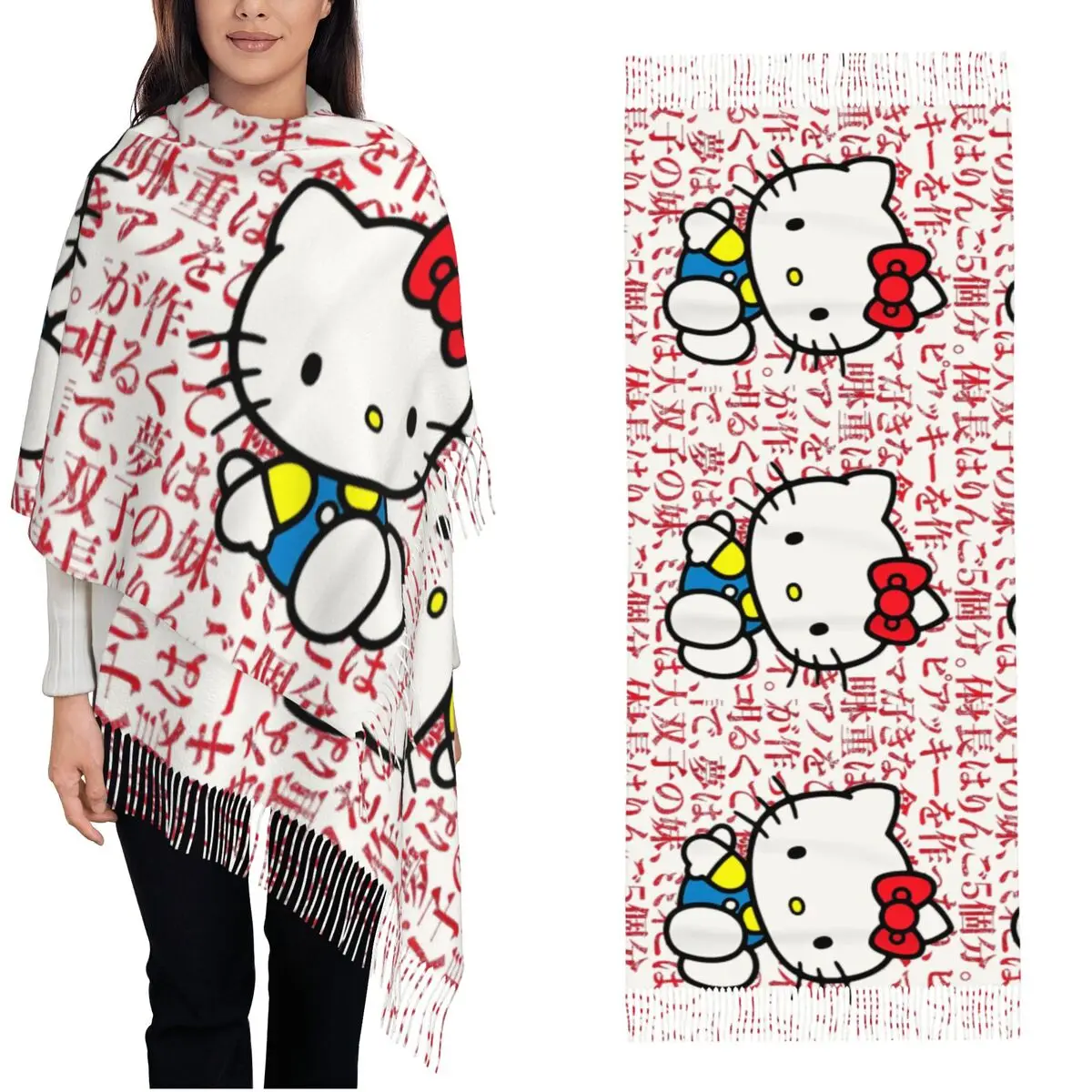 

Японская биография Hello Kitty Kanji, шаль, шарфы, женский зимний большой длинный шарф, японский мультяшный шейный платок, шарфы с кисточками