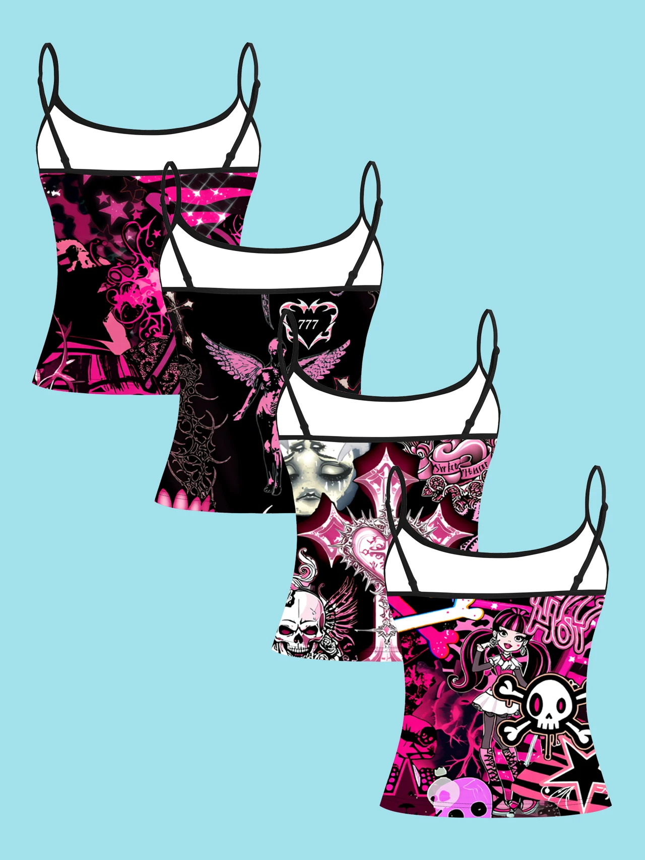 4-Piece Set of Women's Y2K Black and Pink Sweet Cool Printed Camisoles with Angel Cross, Cartoon Girl, Skull, Star, and Flame Designs, Slim-Fit Spaghetti Strap Inner Tops