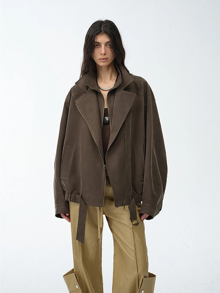 

Fuzhen ort Waed Denim Jaet Women's Spring Outerwear Double Zipper oulder ape Matte Fini Long Sve Coat