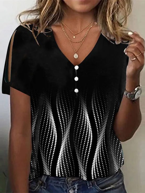 

Plus Size Women's Graphic Printed Hollow Short Sleeve V-neck Top