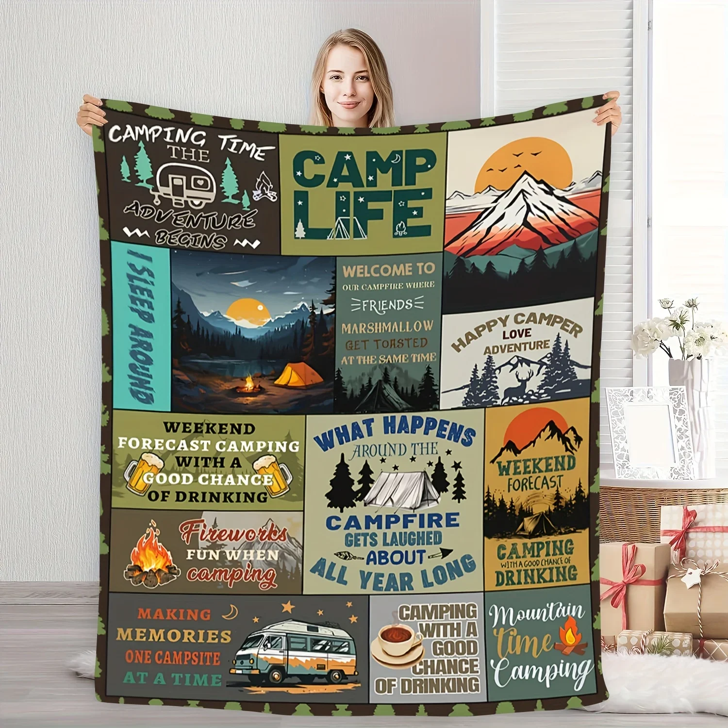 Cozy Camping Life Flannel Throw  Soft Warm Blanket with Vibrant Scenes Campfires Forests Mountain Sunrises  More