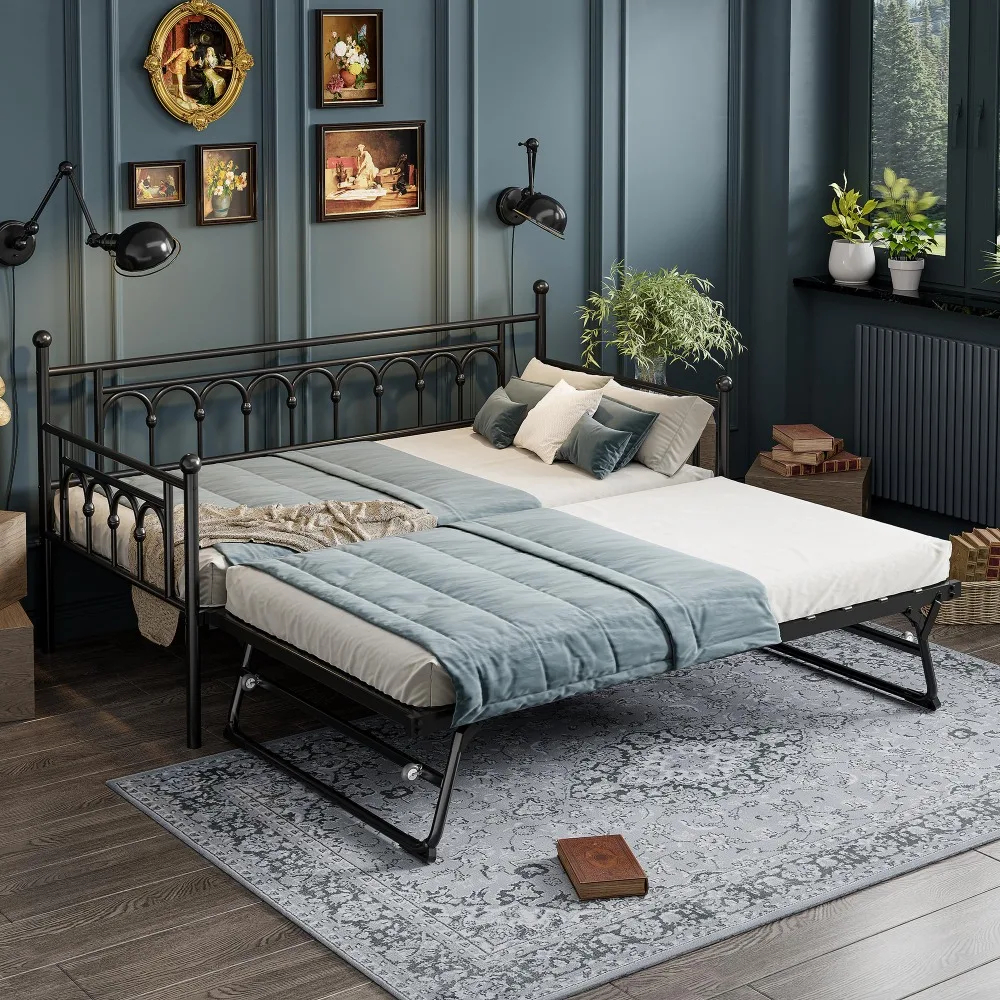 Twin Daybed with Trundle and Storage Bag, Metal Daybed with Pop Up Trundle, Day Bed Farm with Steel Slat Support Sofa