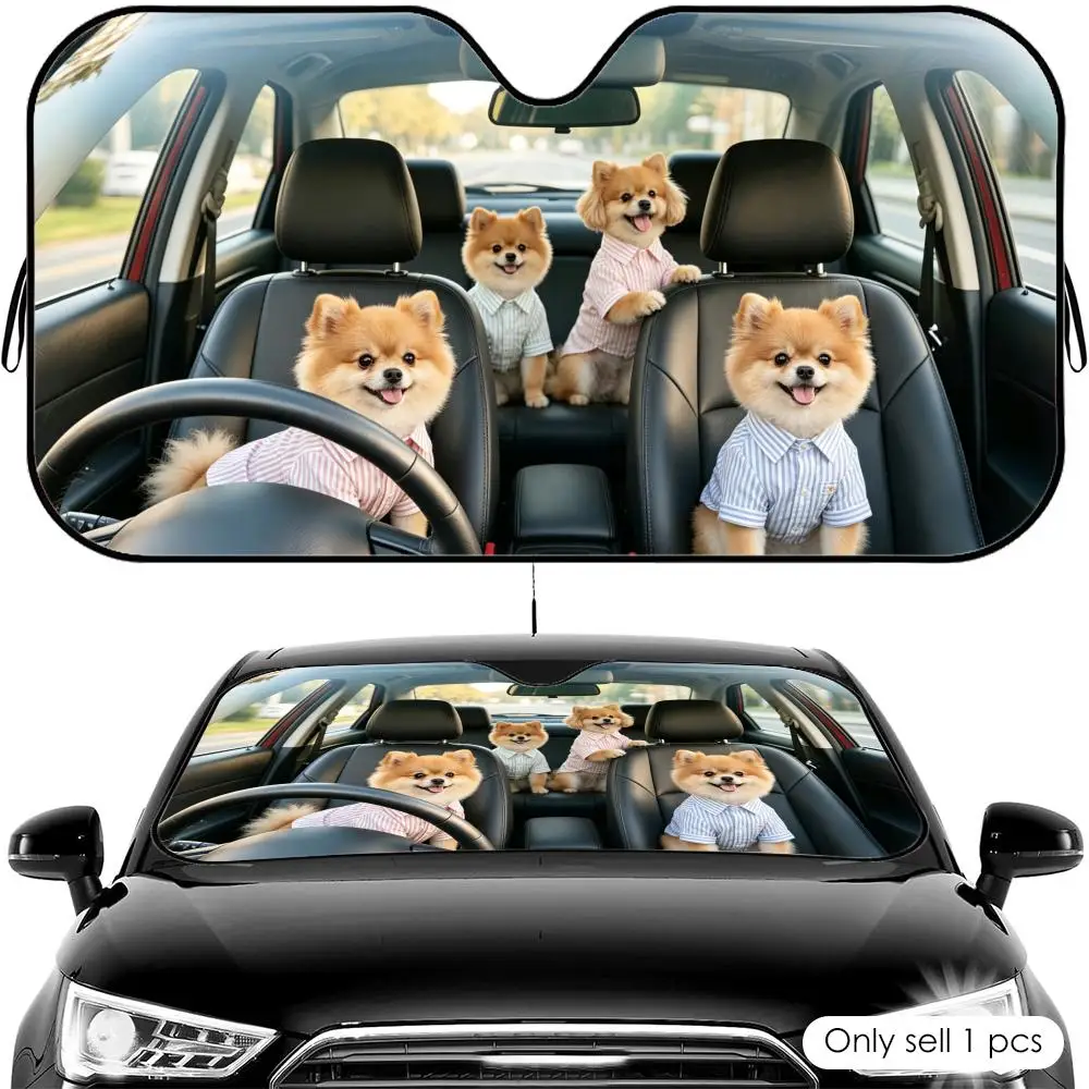 

Pomeranian Dog Driving Sun Visor Reusable Aluminum Foil Car Windshield Sun Visor UV Protector Heat Insulation Cover Shade
