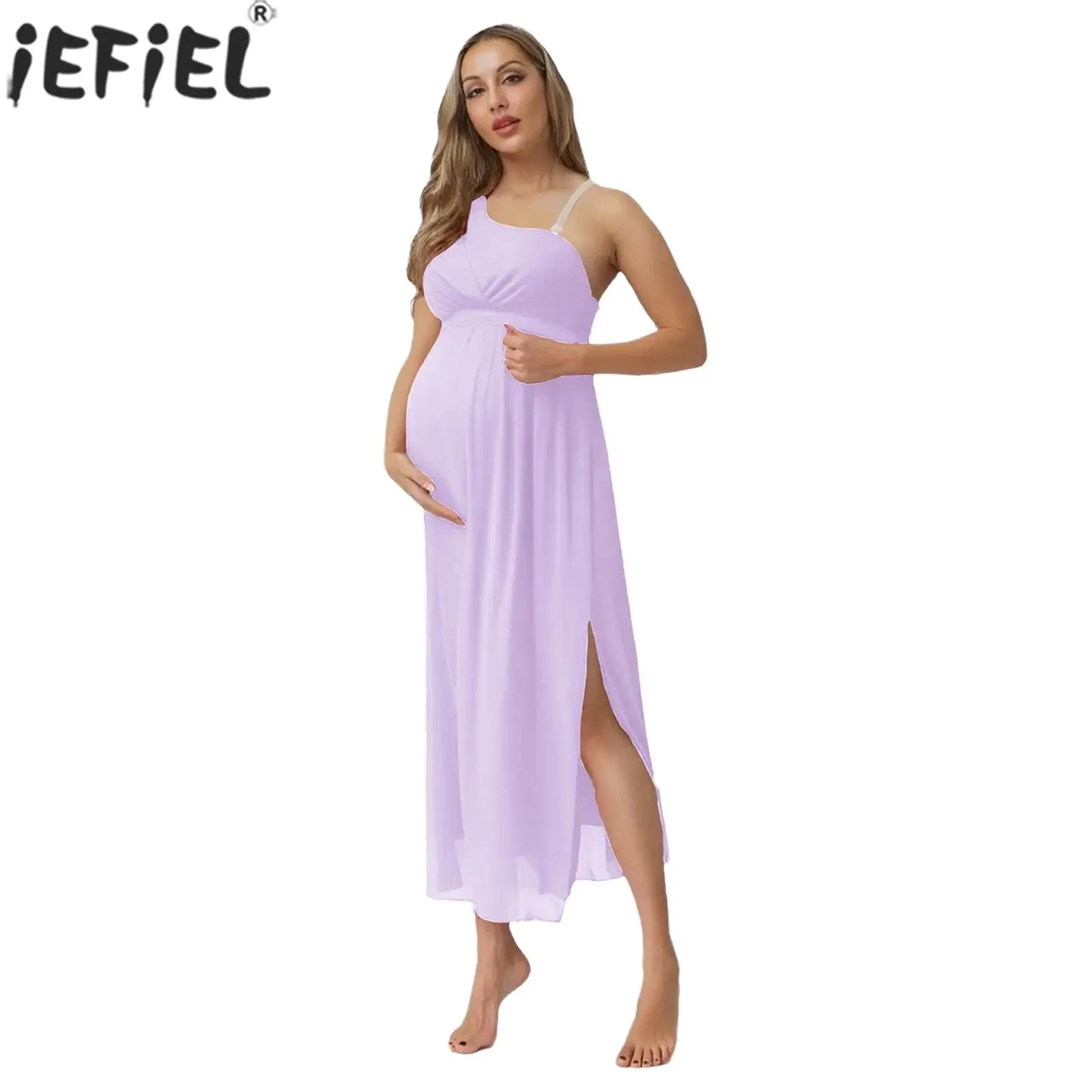 

Maternity Formal Dress One Shoulder Chiffon Ankle Length Elegant Gown with Belt Baby Shower Photography Wedding Party Clothes
