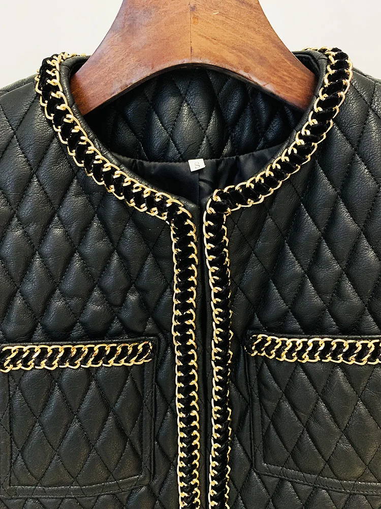 2024 new gold chain edge decorative mesh imitation leather jacket, cardigan wool sweater jacket, black women\'s short jacket