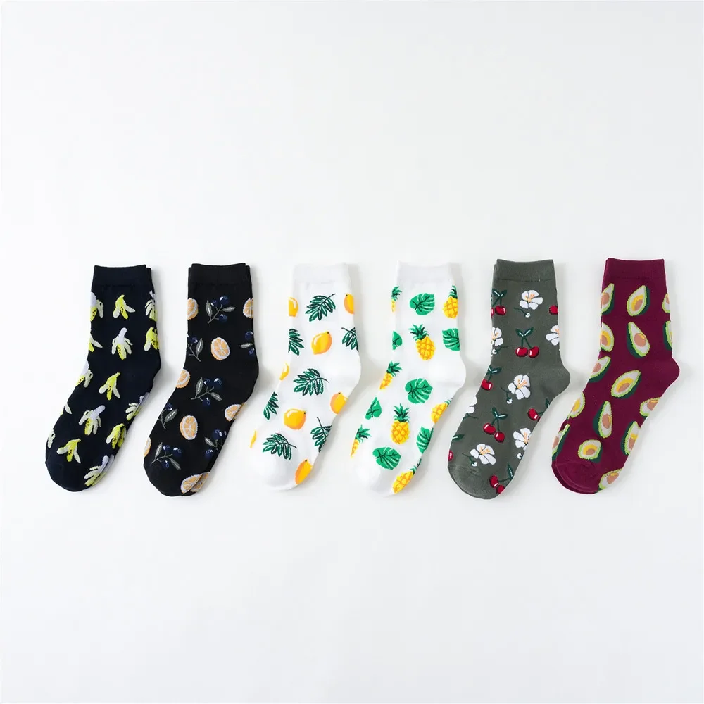 Cotton Cute Lemon Pineapple Avocado Banana Blueberry Fruit Women Socks Flamingo Fox Funny Socks Fun Colorful Crew Socks