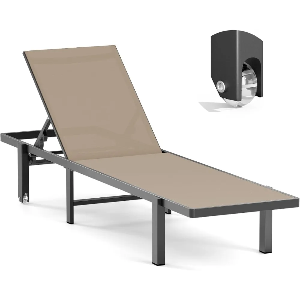 

Aluminum Chaise Lounge Chair Outdoor with Wheels, Patio Lounge Chair with Adjustable 5-Position Recliner and Full Flat Tanning C