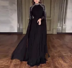 Elegant Party Women's Dresses O-Neck Flowing Long Sleeve Rhinestone Sinblood Terry Malick Ballgown High Waisted Long Dresses