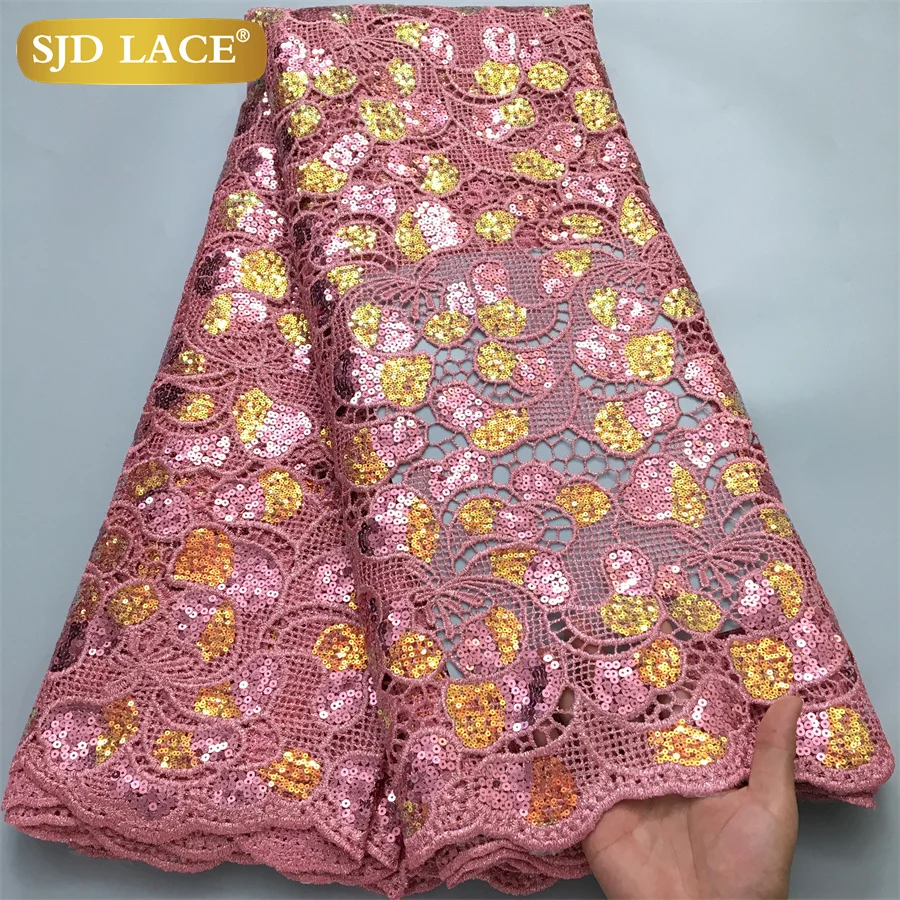 

SJD LACE African Guipure Cord Lace Fabrics 5Yards 2024 New Sequins Nigerian Water Soluble Lace for Sewing Women Party Dress 4046