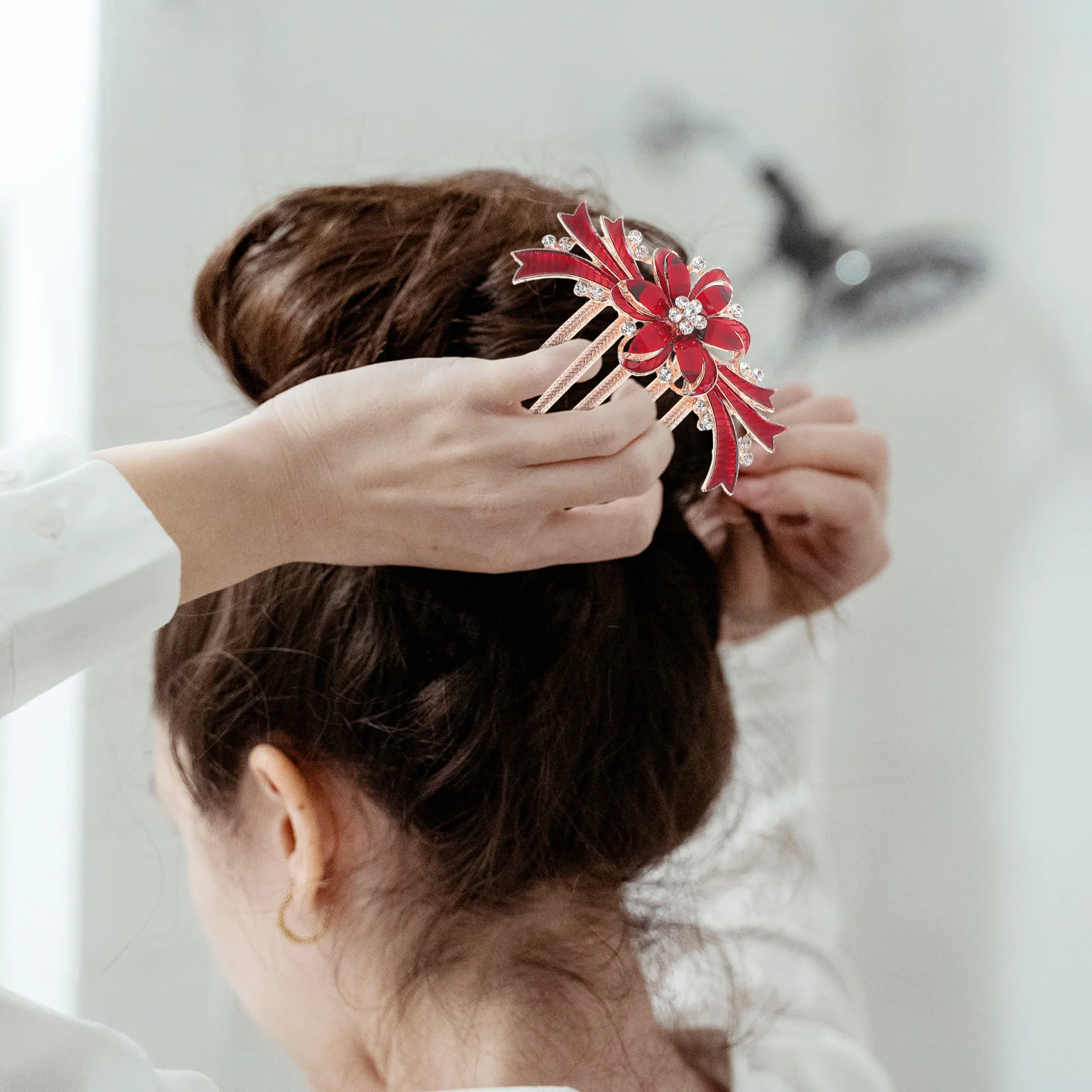 سبيكة الشعر مشط حجر الراين الزفاف التبعي دائم خمسة شقوق تصميم البريق الأحمر حفل زفاف خوذة الشعر مجوهرات #2