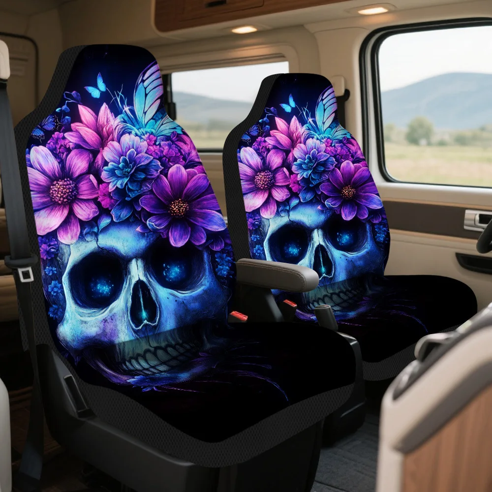 2pcs Halloween Skull With Flowers Print Car Seat Covers – Universal Fit For Cars, Trucks, Vans, SUVs | Durable Front Seat Protec